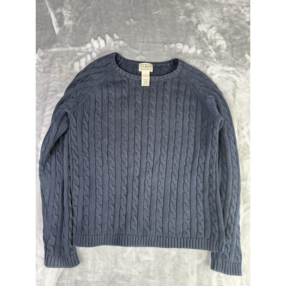 LL Bean Signature Cable Knit Fisherman Sweater Faded Navy Cotton Medium Womans